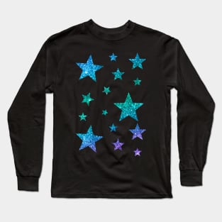 Blue Green Ombre Faux Glitter Stars Long Sleeve T-Shirt